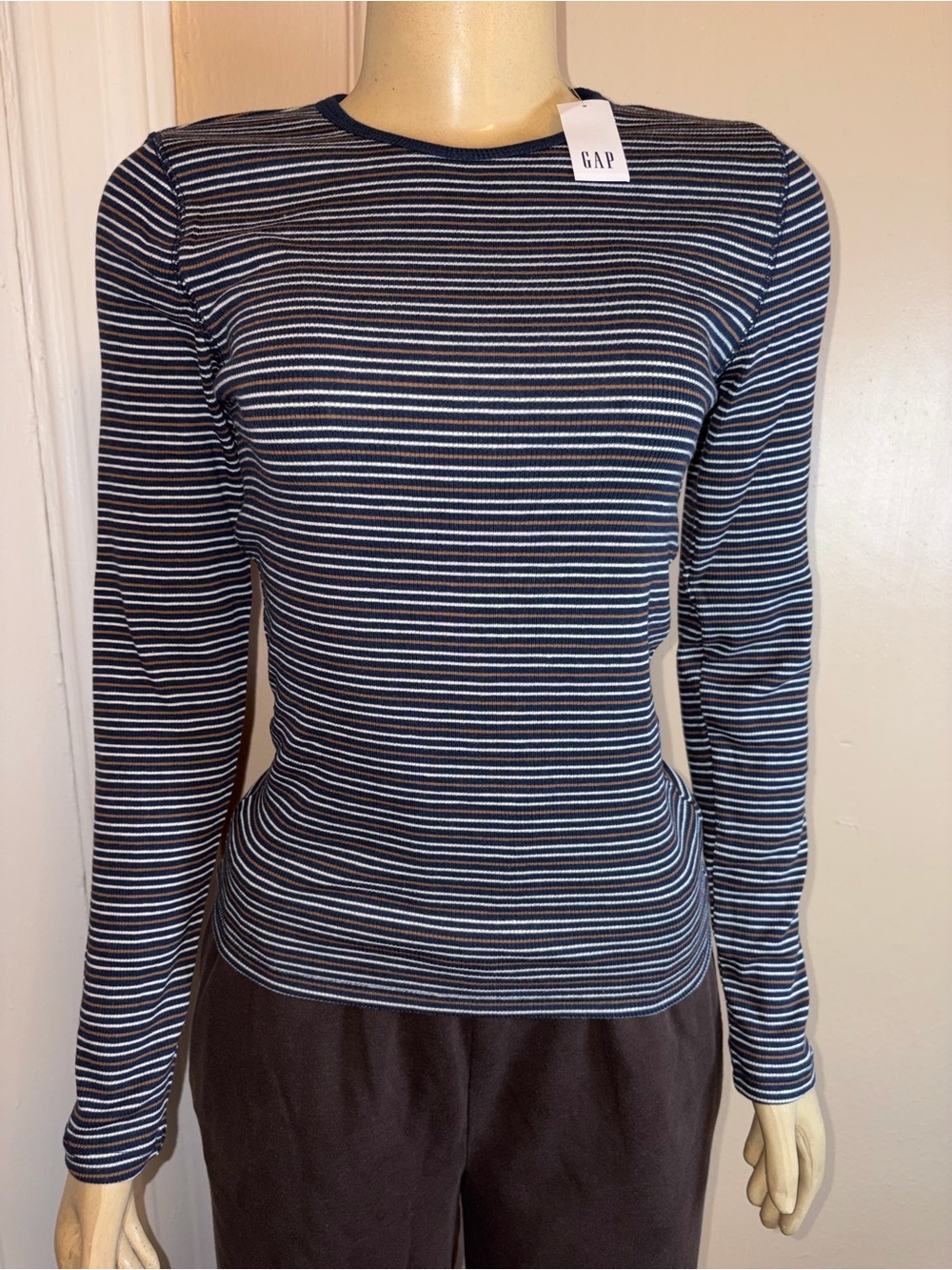 GAP Navy, White & Brown Striped Long-Sleeve Tee Size S NWT